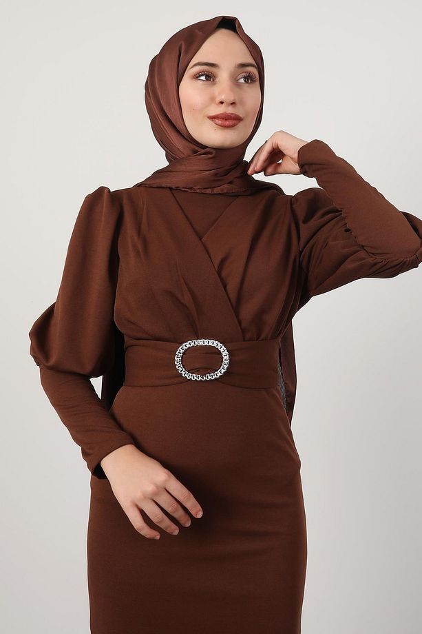 Yakası Çapraz Elbise Kahve - 5