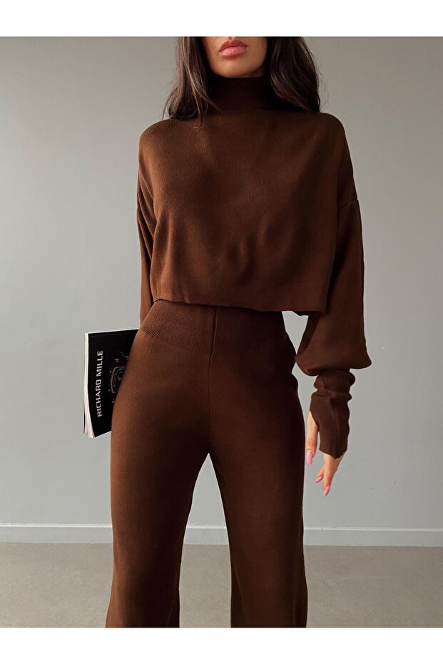 Turtleneck Finger-Locking Bottom Top Knitwear Suit - 4