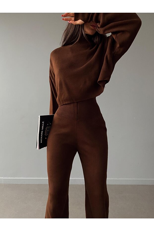 Turtleneck Finger-Locking Bottom Top Knitwear Suit - 5
