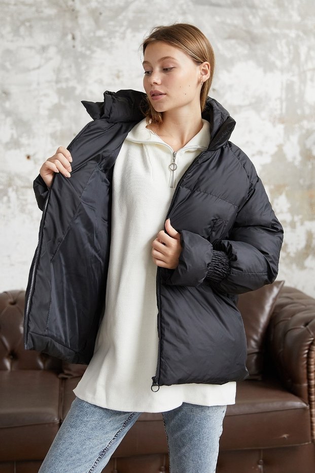 Monika Short Coat with Gathered Sleeves - Black
