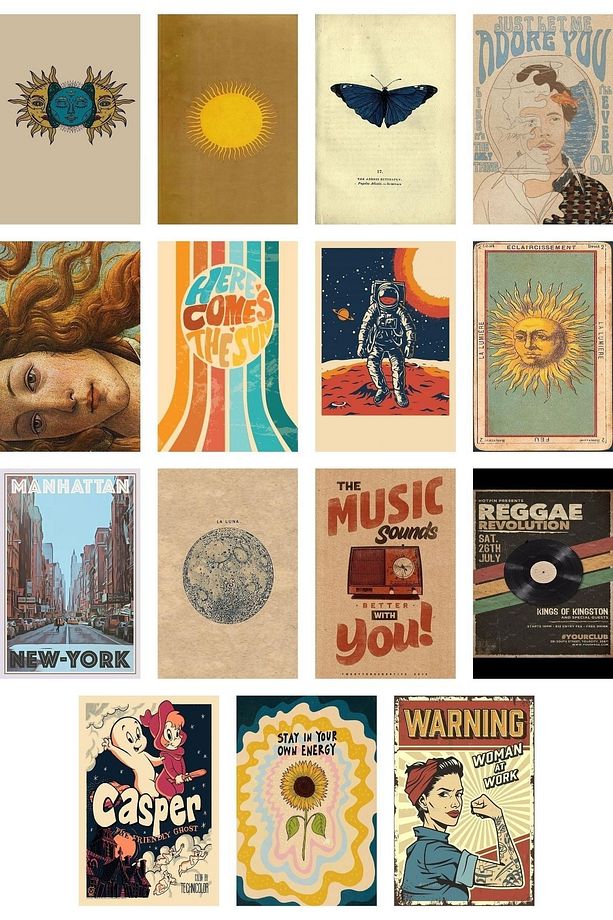 Retro Poster Seti - Kolaj Seti - Oda Dekoru - Duvar Posteri - Yapışkanlı - Duvar Dekoru - 60 Adet - 7