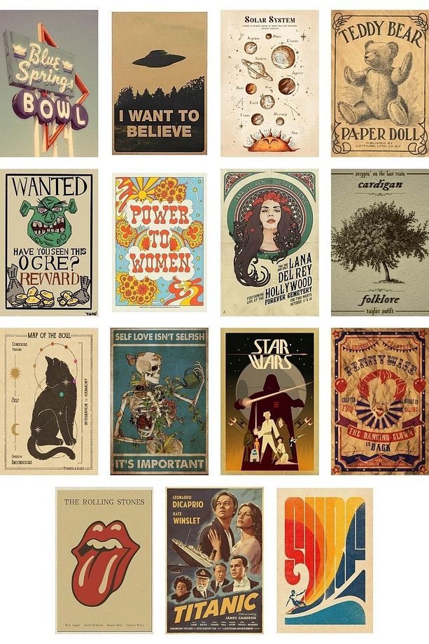 Retro Poster Seti - Kolaj Seti - Oda Dekoru - Duvar Posteri - Yapışkanlı - Duvar Dekoru - 60 Adet - 8