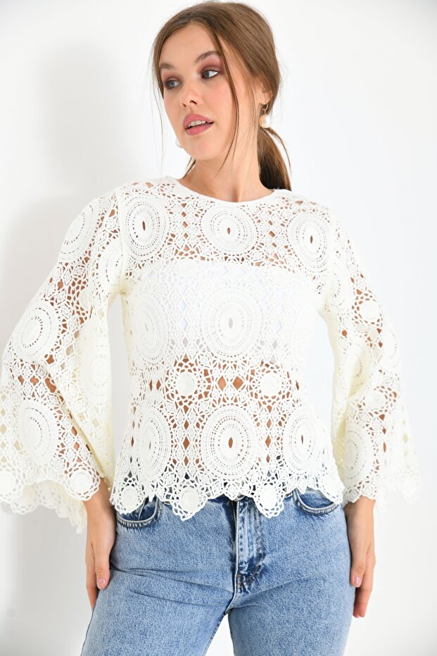 Dantel Ispanyol Kol Örme Bluz - 2