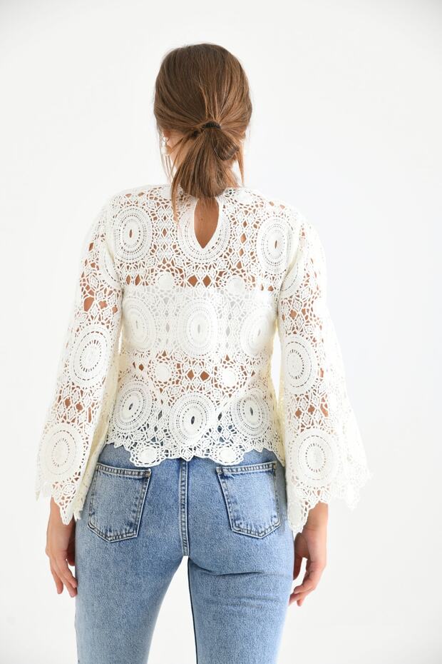 Dantel Ispanyol Kol Örme Bluz - 7