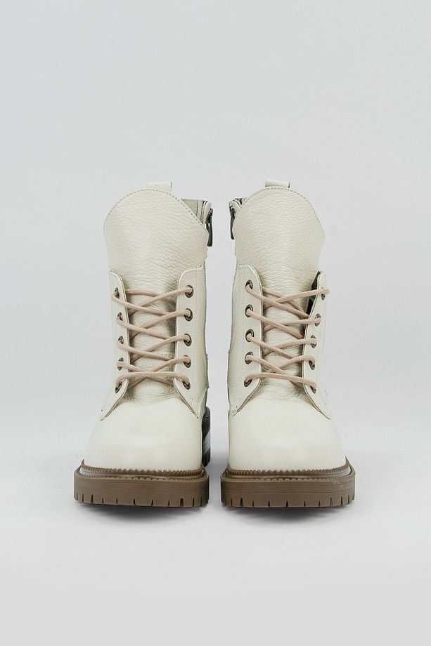 Kadın Bej Hakiki Deri 35-41 Numara Bağcıklı Bot & Bootie - 2