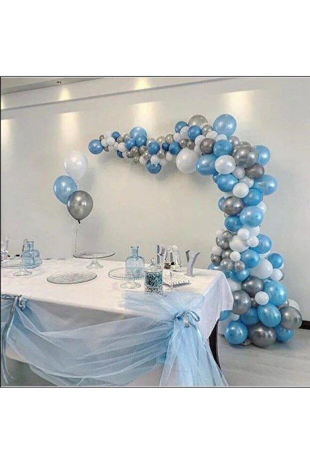 50 Metallic Blue Silver White Helium Suitable Balloons and 5 Meter Balloon Chain