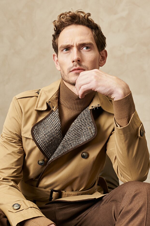 Men's Beige Standard Fit Regular Cut Baby Collar Waist Belted Cotton Winter Trench Coat