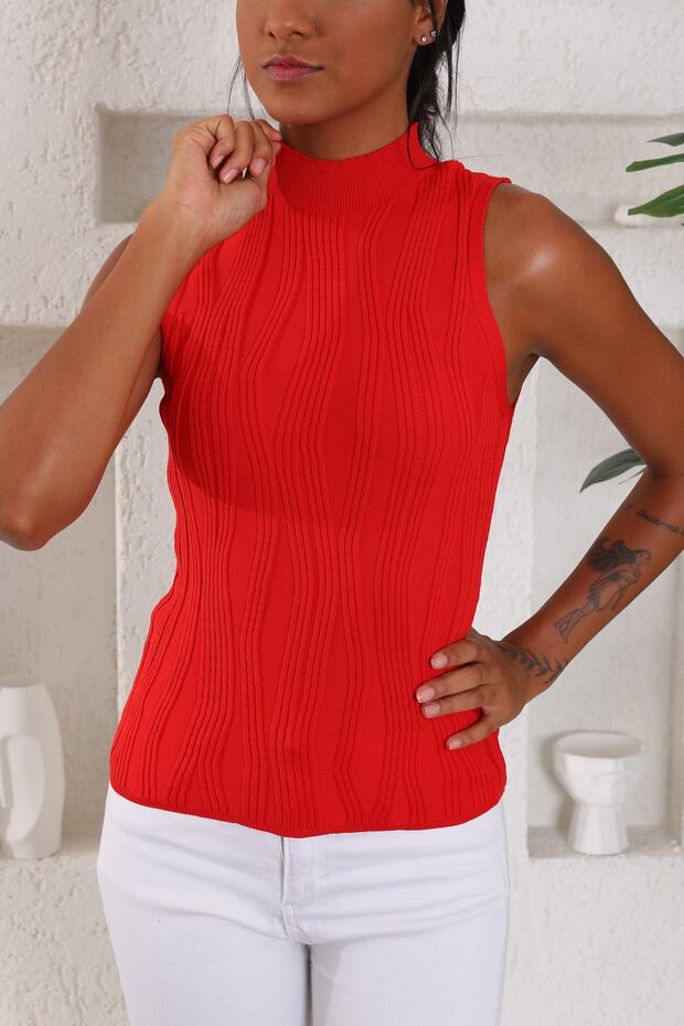 Women's Stand Collar Zero Sleeve Embossed Pattern Red Knitwear Blouse