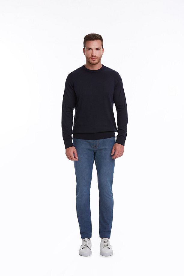 Erkek Lacivert Regular Fit %100 Pamuk Bisiklet Yaka Triko Kazak - 4