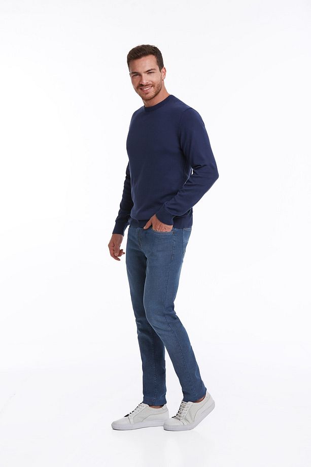 Erkek Indigo Regular Fit %100 Pamuk Bisiklet Yaka Triko Kazak - 3
