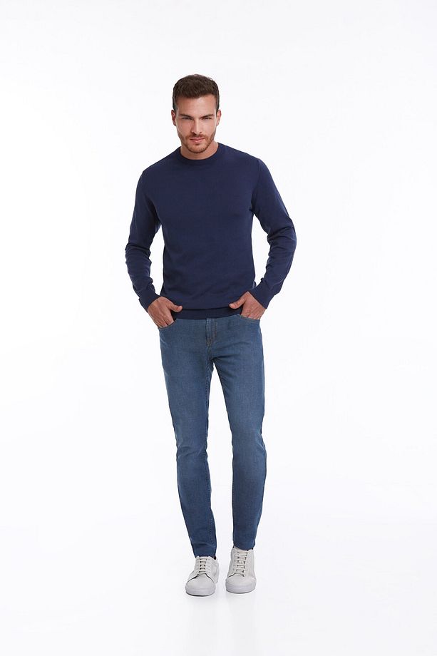 Erkek Indigo Regular Fit %100 Pamuk Bisiklet Yaka Triko Kazak - 4