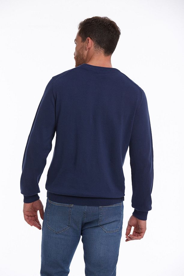 Erkek Indigo Regular Fit %100 Pamuk Bisiklet Yaka Triko Kazak - 6
