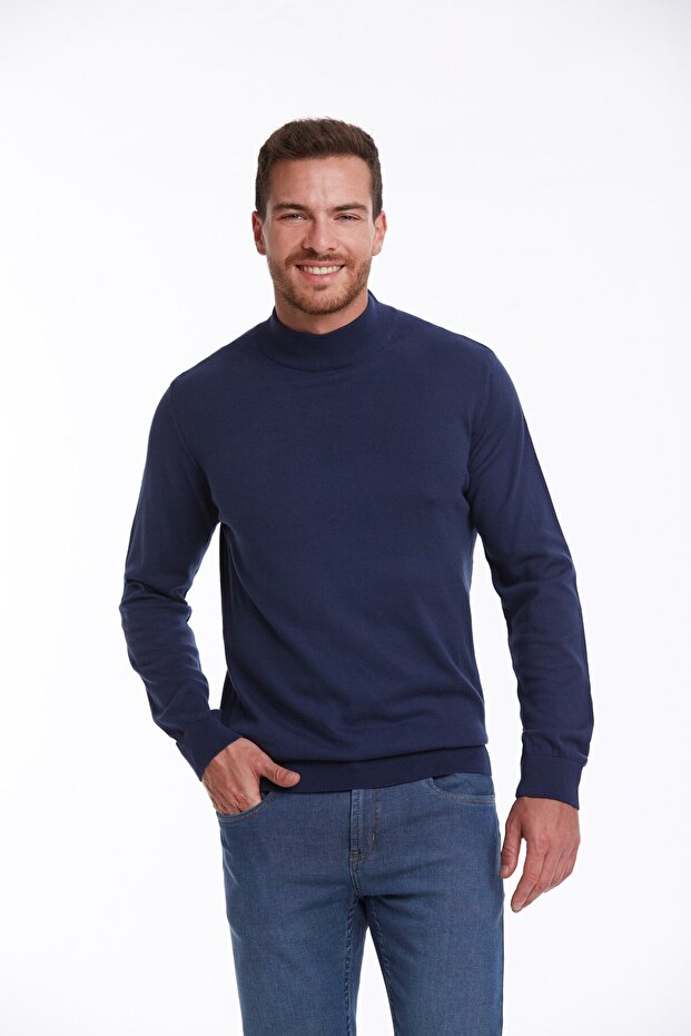 Men's Indigo Regular Fit 100% Cotton Half Turtleneck Sweater
