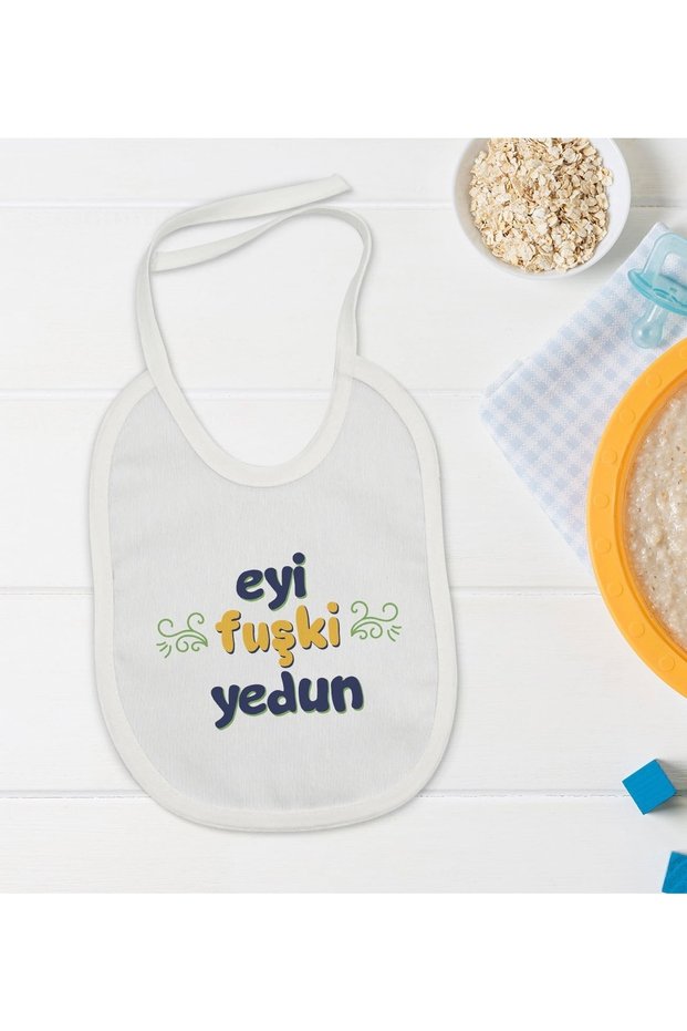 Kids Eyi Fuchki Yedun Designed White Baby Food Bib-1