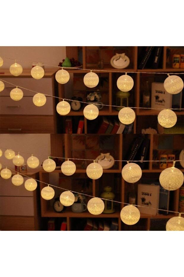 Cotton Ball Strings for Ramadan Eid - 2 Meters 10 Balls with Battery, Yellow Led Light - 5
