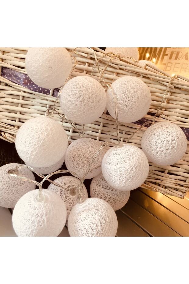Cotton Ball Strings for Ramadan Eid - 2 Meters 10 Balls with Battery, Yellow Led Light - 7