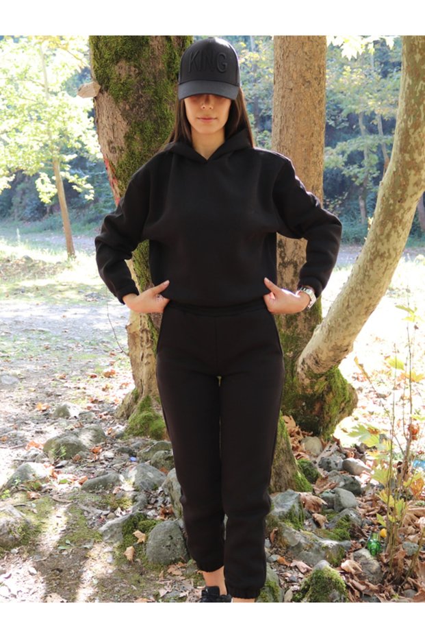 Women's Black Thick Fleece Tracksuit Set