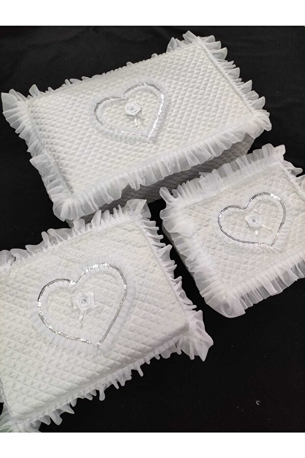 Dowry Satin Heart Embroidered White 3-Piece Bundle, Engagement Bride Groom Bag 3-Piece
