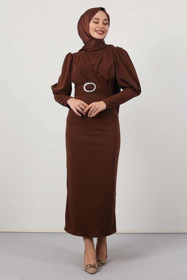 Yakası Çapraz Elbise Kahve - 4