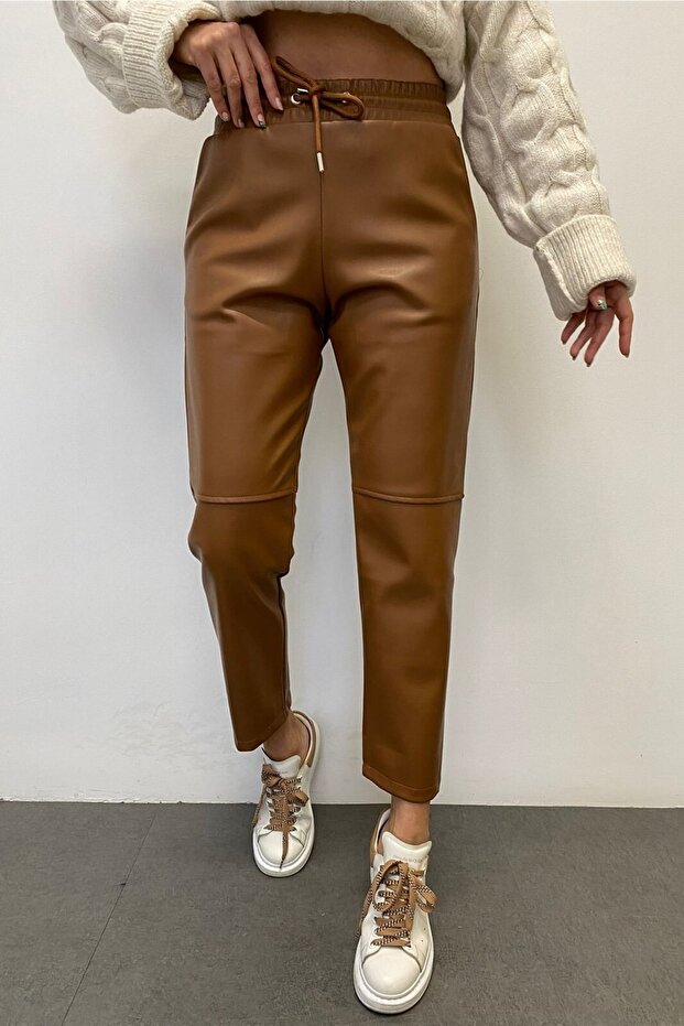 Women's Tan Stitched Leather Trousers 00369