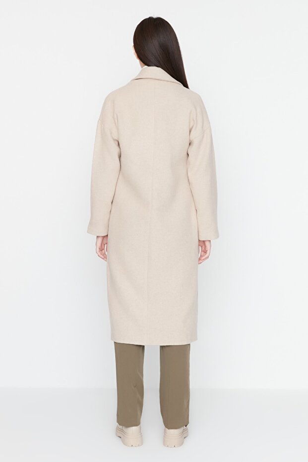 Beige Oversize Wide Cut Button Closure Woolen Stamp Coat TWOAW21KB0038 - 5