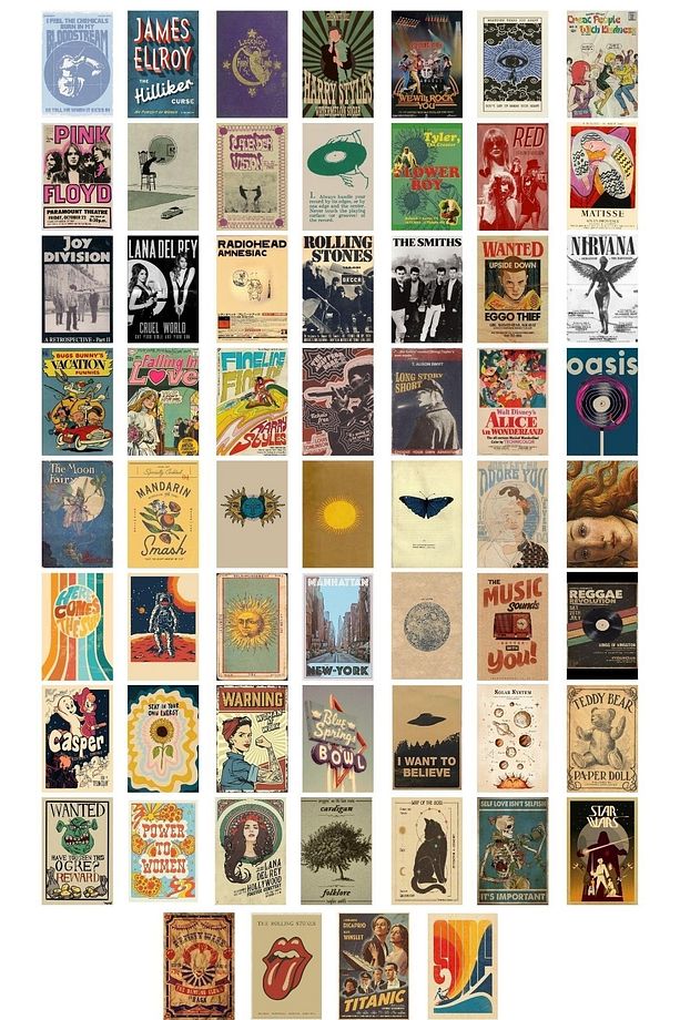 Retro Poster Seti - Kolaj Seti - Oda Dekoru - Duvar Posteri - Yapışkanlı - Duvar Dekoru - 60 Adet - 1