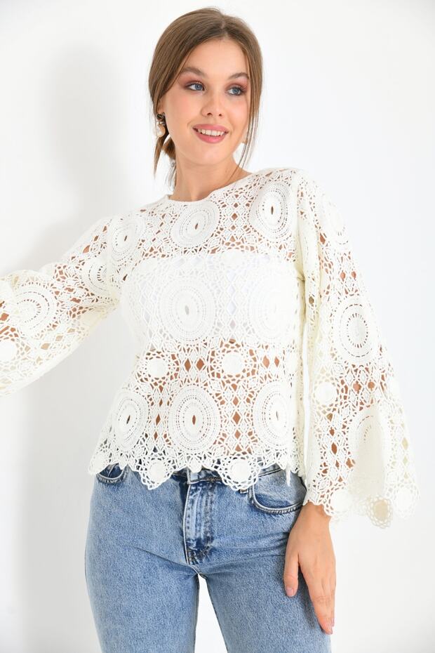 Dantel Ispanyol Kol Örme Bluz - 4