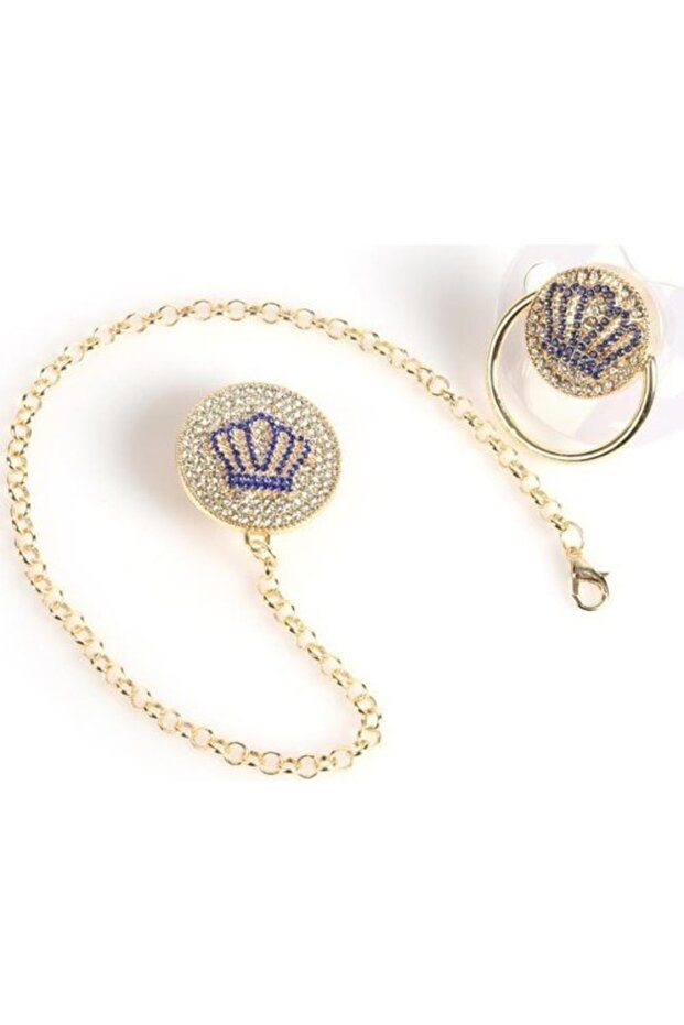Cream Pacifier Chain Set with Gold Zircon Stone and Blue Crown Figure