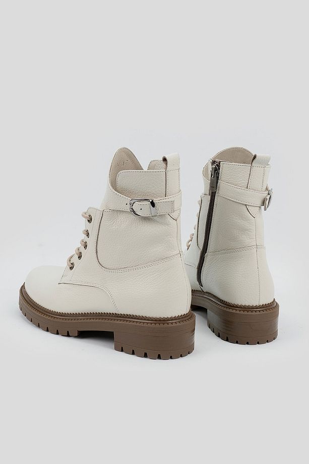 Kadın Bej Hakiki Deri 35-41 Numara Bağcıklı Bot & Bootie - 4