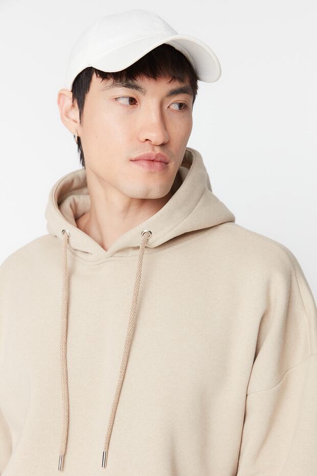 Bej Oversize/Geniş Kesim Kapüşonlu İçi Polar/Sıcak Tutan Çiçek Baskılı Sweatshirt TMNAW22SW1651 - 4