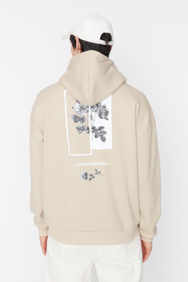 Bej Oversize/Geniş Kesim Kapüşonlu İçi Polar/Sıcak Tutan Çiçek Baskılı Sweatshirt TMNAW22SW1651 - 6