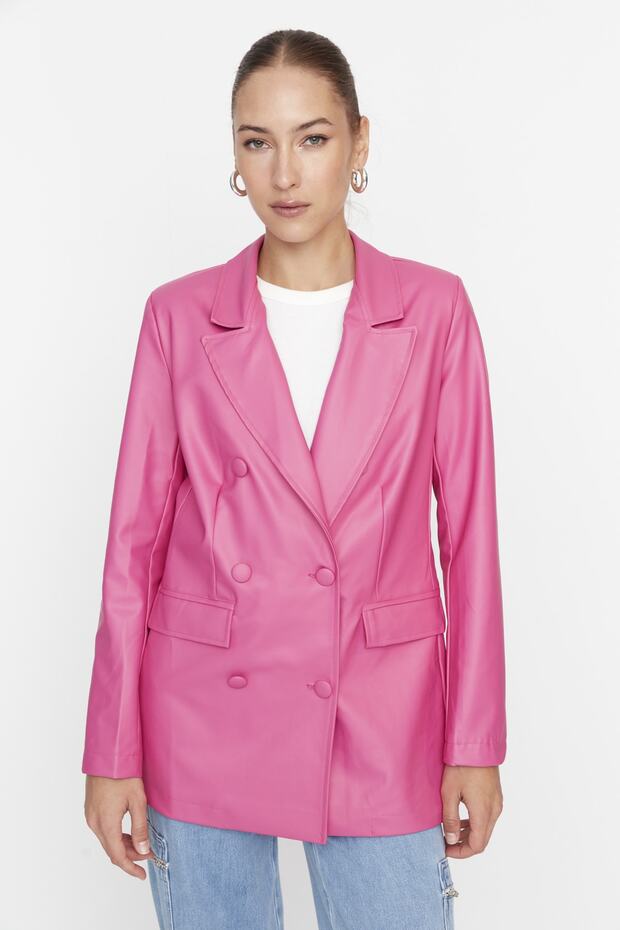 Tkana marynarka w kolorze fuksji z podwójnymi zapięciami i podszewką ze sztucznej skóry TWOAW21CE0156 - 3
