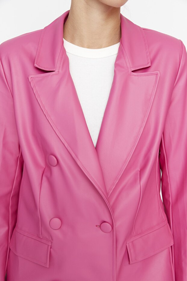 Tkana marynarka w kolorze fuksji z podwójnymi zapięciami i podszewką ze sztucznej skóry TWOAW21CE0156 - 4