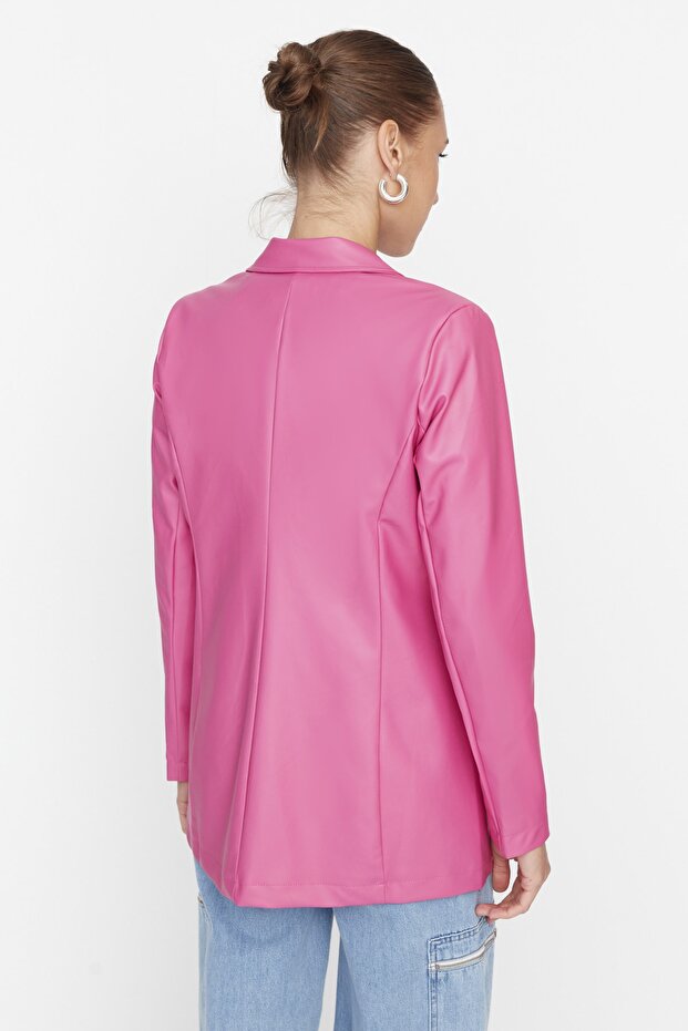 Tkana marynarka w kolorze fuksji z podwójnymi zapięciami i podszewką ze sztucznej skóry TWOAW21CE0156 - 5