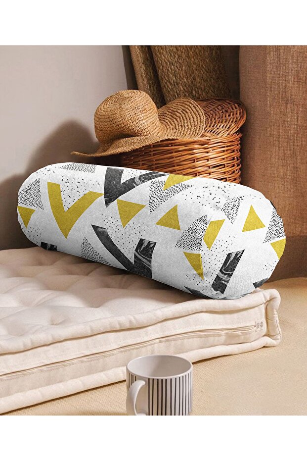 Marble Detailed Black and White Geometric Motif Inner Padded Zippered Suede Cylinder Roll Pillow Throw Pillow