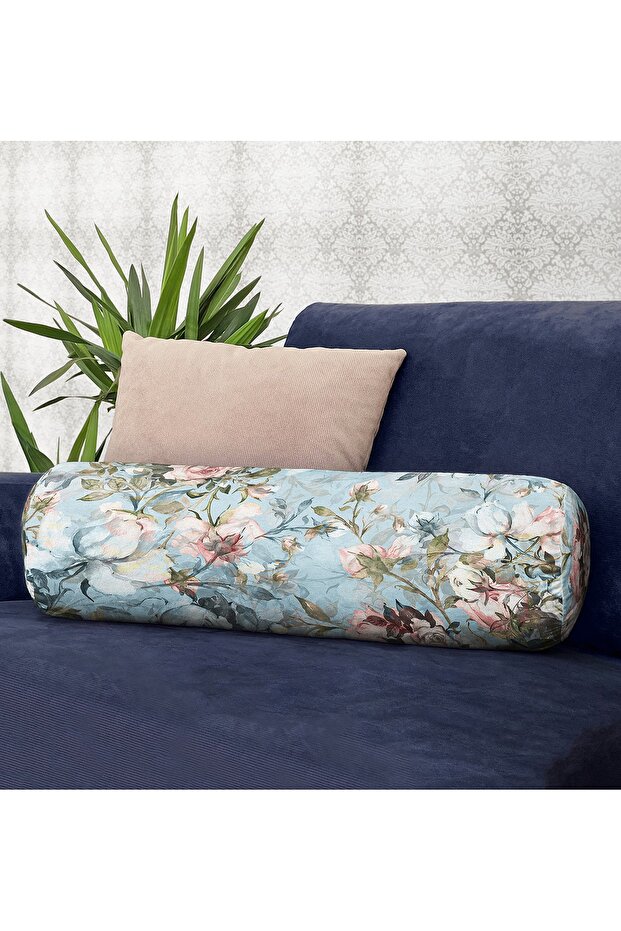 Flower Motif Special Design Modern Inner Filled - Zippered Suede Cylinder Round Pillow Throw Pillow