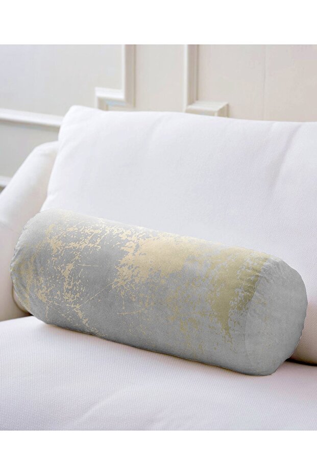 Pastel Floor Geometric Patterned Gold Detailed Inner Filled Zippered Suede Cylinder Circle Pillow Throw Pillow