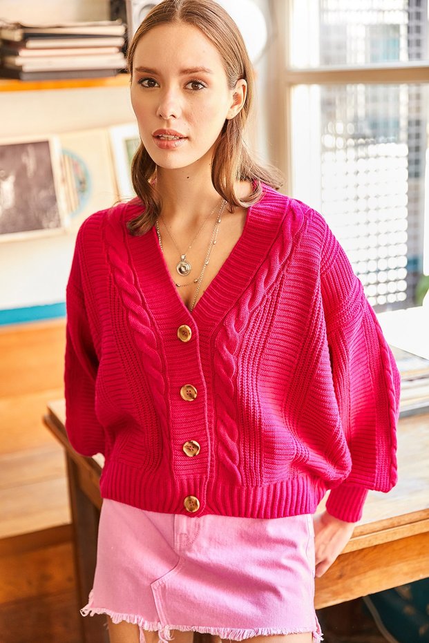 Women's Fuchsia Thick Hair Braided Knitwear Cardigan HRK-19000082