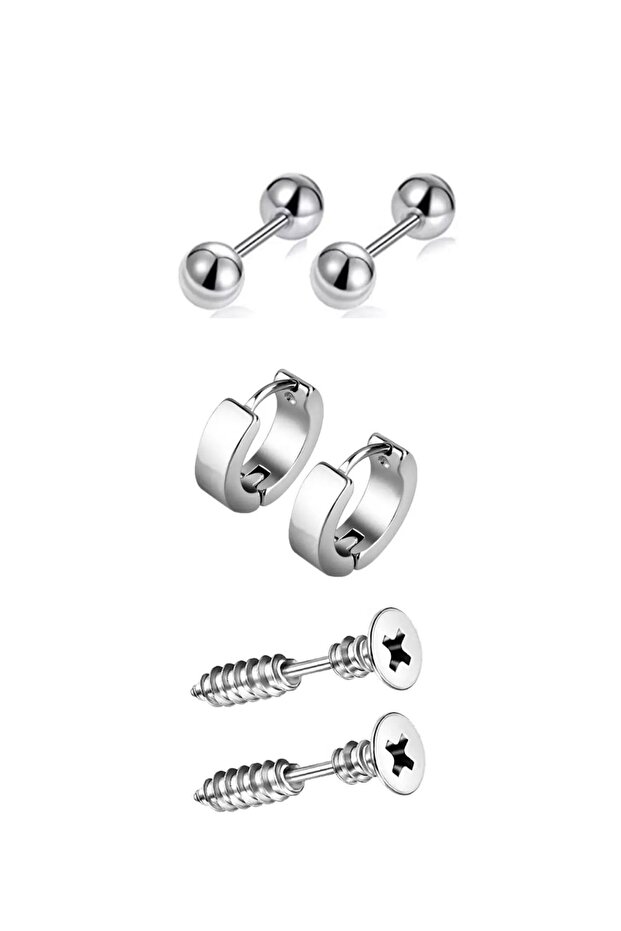 Unisex Silver Color 3 Pairs Different Model Steel Earrings Set
