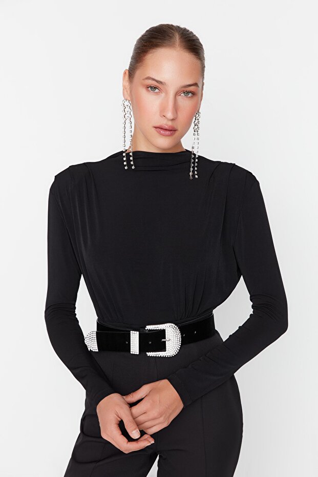 Siyah Drapeli Çıtçıtlı Örme Body TPRAW23BD00048 - 2
