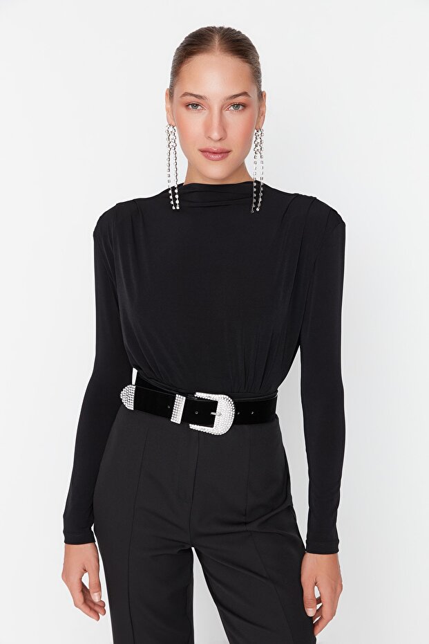 Siyah Drapeli Çıtçıtlı Örme Body TPRAW23BD00048 - 3