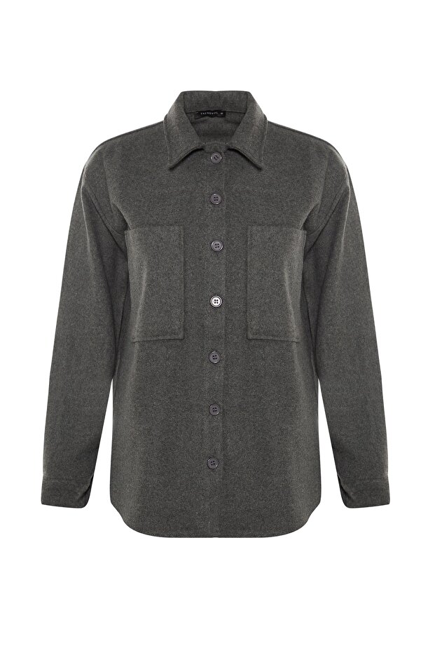 Antrasit Çift Cepli Oversize/Geniş Kalıp Kaşe Dokuma Gömlek TWOAW23GO00356 - 5