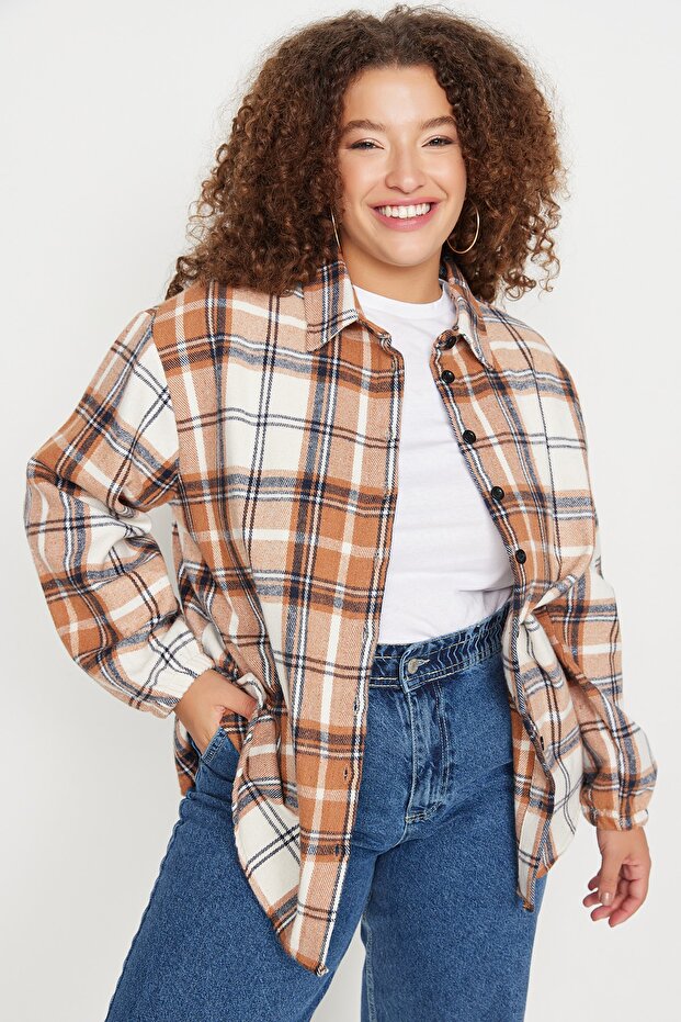 Brown Plaid Long Sleeve Oversize/Loose Cut Winter Woven Shirt Tbbaw23Ax00021
