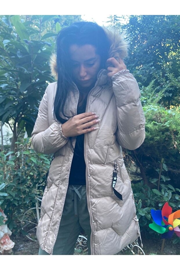 Beige Color Long Fur Hooded Thick Puffer Jacket