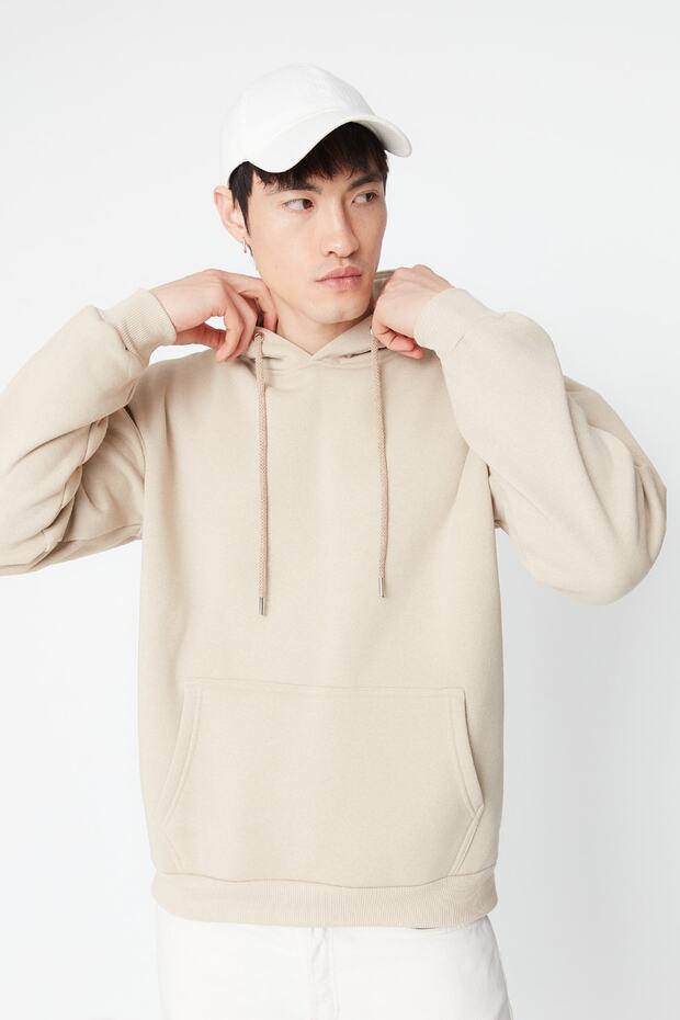 Bej Oversize/Geniş Kesim Kapüşonlu İçi Polar/Sıcak Tutan Çiçek Baskılı Sweatshirt TMNAW22SW1651 - 3