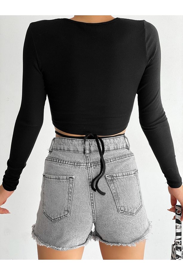 Siyah Ip Bağlamalı Uzun Kollu Fitilli Crop Bluz - 3