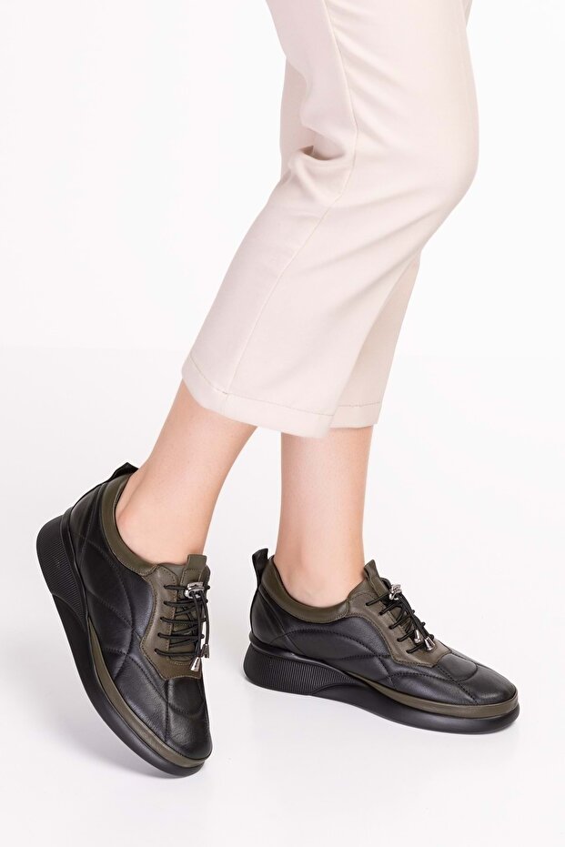 Genuine Leather Anatomical Sole Comfortable Rubber Laced Shoes Ndr.5506 - Black-khaki - 37