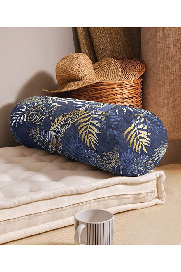 Gold Detailed Leaf Patterned Inner Filled Suede Cylinder Pillow on Blue Background Throw Pillow Waist Pillow