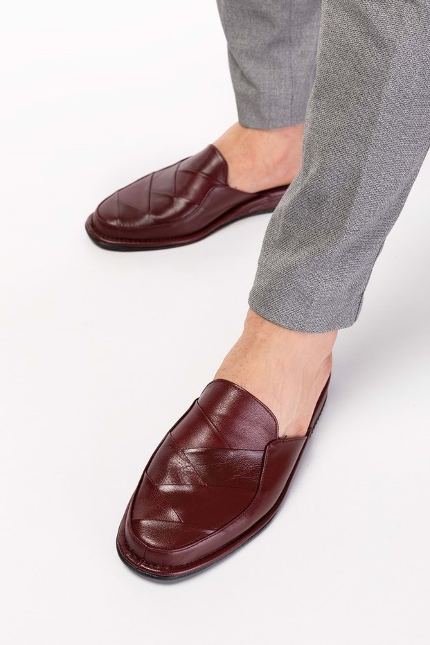 Men's Genuine Leather Groom's House Slippers Kayaş.105 - Claret Red - 40