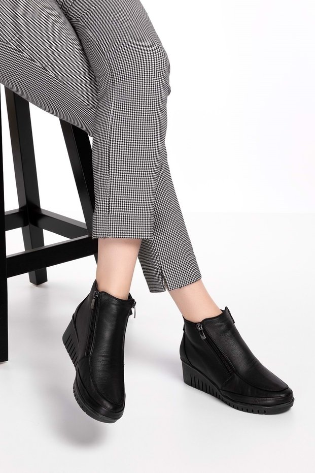 Women's Genuine Leather Double Zipper Easy Wear Boots Esfa.2450 - Black - 37